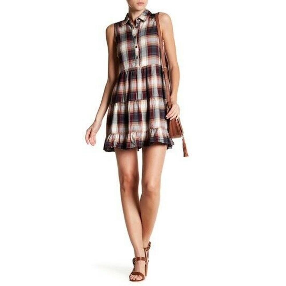 As U Wish Womens Dress Size Large Sleeveless Plaid Brown Shirt Tiered NEW